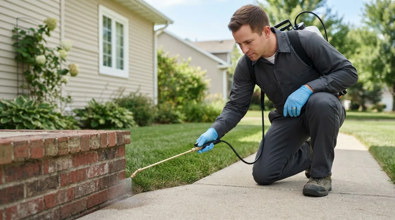 Pest control technician treating a home near Smithton, IL