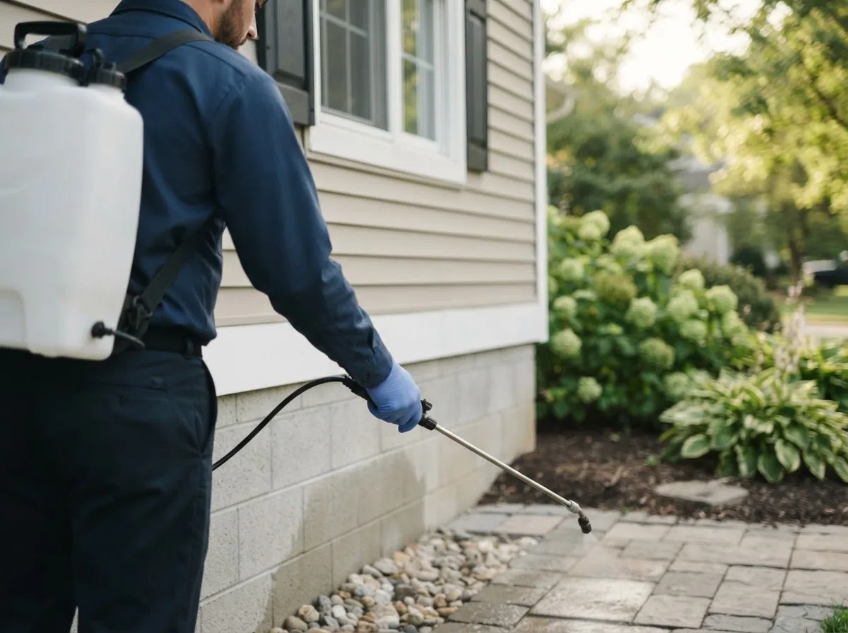 Pest control technician inspecting a home in Smithton, IL